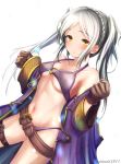  1girl belt bikini blush breasts brown_gloves clear_glass_(mildmild1311) collarbone fire_emblem fire_emblem_awakening fire_emblem_heroes gloves highres long_hair long_sleeves navel o-ring o-ring_bikini o-ring_top off_shoulder purple_bikini robe robin_(fire_emblem) robin_(fire_emblem)_(female) simple_background solo stomach swimsuit twintails white_background white_hair wide_sleeves yellow_eyes 