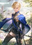  1boy armor blue_cape blue_eyes blurry bomssp cape depth_of_field dimitri_alexandre_blaiddyd fire_emblem fire_emblem:_three_houses garreg_mach_monastery_uniform highres leaf polearm sheath sheathed solo spear standing sword uniform weapon 