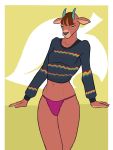  animal_crossing anthro bangs bovid brown_body brown_fur caprine clothed clothing eyelashes f_draws female fur goat hair half-closed_eyes hi_res horn mammal narrowed_eyes nintendo panties partially_clothed pashmina_(animal_crossing) solo sweater topwear underwear video_games 