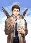  1boy blue_eyes brown_hair castiel facial_hair food halo hamburger looking_at_viewer male_focus necktie siruphial sky smile solo stubble supernatural_(tv_series) trench_coat wings 