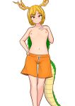  1girl ass_visible_through_thighs bangs blonde_hair blush breasts closed_mouth collarbone commentary_request dragon_horns dragon_tail eyebrows_visible_through_hair feet_out_of_frame hand_on_hip hand_on_own_chest head_tilt highres horns kicchou_yachie kim0501 looking_at_viewer male_swimwear_challenge nipples nude orange_eyes orange_shorts parted_bangs short_hair shorts simple_background small_breasts smile solo standing tail touhou turtle_shell white_background 