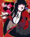  1boy 1girl bangs black_hair blunt_bangs blush bolo_tie breasts brown_hair card character_request happy highres hime_cut holding holding_card houndstooth hyakkaou_academy_uniform jabami_yumeko jacket kakegurui large_breasts open_mouth pantyhose playing_card poker_chip red_jacket red_nails red_suit school_uniform serafuku smile suit_jacket thumb_ring 