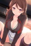  1boy 1girl black_legwear black_shirt blurry blurry_background blush bra breasts brown_hair cleavage collarbone commentary_request green_bra green_panties hands_on_another&#039;s_chest highres komone_ushio long_hair long_sleeves looking_at_viewer open_clothes original panties pantyshot pov purple_eyes red_neckwear shirt sitting sitting_on_person skirt solo_focus underwear white_skirt 