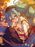  1girl alternate_costume aqua_hair autumn_leaves beret bespectacled black_skirt blue_eyes book brown_hair brown_headwear clenched_teeth glasses hair_ornament hair_ribbon hat hatsune_miku highres holding holding_book leaf long_hair long_sleeves looking_at_viewer manle multicolored_hair purple_ribbon red-framed_eyewear red_ribbon ribbon skirt smile solo sweater teeth twintails two-tone_hair very_long_hair vocaloid white_sweater x_hair_ornament 