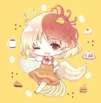  23_(candy_chapus) adapted_costume animal_on_head anna_miller apron bird bird_on_head bird_tail bird_wings blonde_hair blush cake chibi chick coffee coffee_beans coffee_mug commentary_request cup egg feathered_wings food full_body hamburger hand_on_hip heart_button highres looking_at_viewer mug multicolored_hair neck_ribbon niwatari_kutaka on_head one_eye_closed open_mouth orange_apron orange_footwear orange_skirt outstretched_arm pie_slice red_eyes red_hair red_neckwear ribbon shirt shoes short_hair short_sleeves simple_background skirt smile star_(symbol) touhou two-tone_hair waitress white_shirt wings yellow_background 