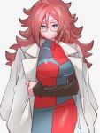  1girl android_21 blue_eyes breasts checkered checkered_dress dragon_ball dragon_ball_fighterz dress earrings glasses hoop_earrings jewelry kemachiku labcoat long_hair looking_at_viewer medium_breasts red_hair red_ribbon_army simple_background solo 