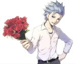  1boy belt black_belt blue_eyes blue_hair bouquet camus_(dq11) collarbone collared_shirt commentary_request dragon_quest dragon_quest_xi dress_shirt earrings flower hand_on_hip highres holding holding_bouquet holding_flower jewelry long_sleeves looking_at_viewer male_focus mondi_hl necklace open_mouth pants red_flower red_rose rose shirt shirt_tucked_in short_hair simple_background smile solo spiked_hair upper_body upper_teeth white_background white_shirt 