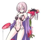  1girl alcohol artist_name ass_visible_through_thighs bangs bare_shoulders blush breasts collarbone commentary cosplay cup english_commentary eyebrows_visible_through_hair fate/grand_order fate_(series) food fruit grapes hair_over_one_eye highres japanese_clothes kimono large_breasts lirilias mash_kyrielight navel off-shoulder_kimono open_clothes open_kimono peach pink_hair purple_eyes purple_kimono revealing_clothes sakazuki sake short_hair shuten_douji_(fate/grand_order) shuten_douji_(fate/grand_order)_(cosplay) simple_background solo spilling stomach twitter_username wavy_mouth white_background 