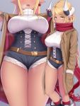  1girl absurdres bangs belt black_footwear blonde_hair blush boots breasts coat corset dark_skin dark_skinned_female draph eyebrows_visible_through_hair granblue_fantasy hand_in_pocket highres horn_ornament horns jewelry kuvira_(granblue_fantasy) large_breasts lips long_hair long_sleeves looking_at_viewer meropan open_mouth pointy_ears red_legwear red_scarf ribbed_sweater scarf short_shorts shorts simple_background single_earring sweater turtleneck turtleneck_sweater white_sweater yellow_eyes 