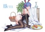  1girl absurdres animal_ears apple arm_support artist_name bare_shoulders basket black_gloves black_legwear blue_eyes blue_hair breasts bunny_ears character_name cleavage closed_mouth commentary_request elbow_gloves fake_animal_ears food fruit full_body gloves hair_ornament hair_over_one_eye hair_ribbon highres large_breasts legs looking_at_viewer maid_headdress mi_(630956686) playboy_bunny re:zero_kara_hajimeru_isekai_seikatsu red_ribbon rem_(re:zero) ribbon short_hair simple_background solo thighhighs thighs white_background x_hair_ornament 