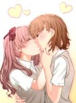  2girls beige_vest brown_eyes brown_hair closed_eyes commentary_request couple eyebrows_visible_through_hair hair_ribbon hand_on_another&#039;s_neck hand_on_another&#039;s_waist heart highres kiss long_hair misaka_mikoto multiple_girls pink_hair red_ribbon ribbon school_uniform shinsei_(easycross1226) shirai_kuroko shirt short_hair short_sleeves simple_background smile to_aru_kagaku_no_railgun to_aru_majutsu_no_index tokiwadai_school_uniform twintails upper_body white_shirt wing_collar yuri 