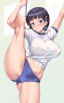  1girl arms_up ass_visible_through_thighs bangs black_hair blue_background blue_buruma blunt_bangs blush breasts buruma closed_mouth commentary_request feet_out_of_frame gradient gradient_background green_hair gym_shirt gym_uniform hair_ornament hairclip highres kawase_seiki kirigaya_suguha kneehighs large_breasts leg_up looking_at_viewer multicolored_hair navel shirt short_hair short_sleeves smile solo split standing standing_on_one_leg standing_split sweat sword_art_online thighs tied_shirt trefoil two-tone_hair white_legwear white_shirt 