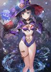  1girl bare_legs blue_eyes blue_leotard book bow breasts capelet clothing_cutout fur_trim genshin_impact gloves hair_bow hat highres leotard long_hair long_sleeves mage meoneo mona_(genshin_impact) navel navel_cutout purple_hair solo thigh_strap twintails water witch_hat 