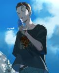  1boy artist_name black_hair black_shirt casual cloud connor_(detroit) day detroit:_become_human eating food food_on_face holding holding_food ice_cream_cone licking looking_at_viewer male_focus outdoors pants shirt short_sleeves solo t-shirt tongue tongue_out tree yukowa_(kari) 