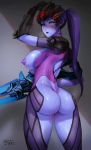  1girl absurdres ass blush breasts breath gun highres large_breasts looking_at_viewer looking_back nipples overwatch parted_lips purple_eyes purple_skin rifle sgk signature sniper_rifle solo thighs weapon widowmaker_(overwatch) 