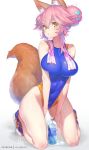  1girl animal_ear_fluff animal_ears ass_visible_through_thighs blue_footwear blue_swimsuit blush bottle breasts collarbone commentary_request competition_swimsuit covered_navel double_bun fate_(series) fox_ears fox_girl fox_tail full_body hair_bun hair_ornament hong_(white_spider) large_breasts long_hair looking_at_viewer one-piece_swimsuit pink_hair pink_towel shoes simple_background sneakers solo swimsuit tail tamamo_(fate)_(all) tamamo_no_mae_(fate) towel towel_around_neck water_bottle wet white_background yellow_eyes 