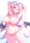  1girl armpits arms_up bangs bikini blue_eyes blush breasts cleavage demon_girl demon_horns demon_wings eyebrows_visible_through_hair frilled_bikini frills highres horns kanola_u large_breasts long_hair looking_at_viewer low_wings navel one_eye_closed open_mouth original pink_bikini pink_hair side-tie_bikini simple_background solo succubus swimsuit undressing very_long_hair wings 