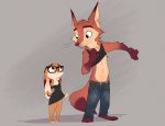  2020 absurd_res anthro barefoot bottomwear brown_body brown_fur canid canine cider_(ciderbunart) clothed clothing duo eyewear female fox fur glasses grey_background hi_res lagomorph leporid looking_at_another male mammal notched_ear off_shoulder pants pointedfox pointedfox_(character) rabbit shirt simple_background smile standing tank_top topwear whiskers 