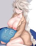  1girl bare_legs blush breasts buttons closed_mouth collarbone cypress eyebrows_visible_through_hair hair_between_eyes kantai_collection large_breasts long_hair long_sleeves nipples open_clothes solo twitter_username unryuu_(kantai_collection) very_long_hair white_hair yellow_eyes yes-no_pillow 