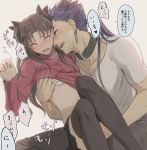  1boy 1girl animal_ears beige_background between_legs black_collar black_hair black_legwear black_skirt blue_hair blush breast_grab breasts brown_hair collar collarbone commentary_request cu_chulainn_(fate)_(all) dog_collar fate/stay_night fate_(series) feet_out_of_frame grabbing grey_shirt hair_ribbon hand_between_legs hetero highres lancer licking_lips long_hair miniskirt mondi_hl pleated_skirt red_sweater ribbon shirt simple_background skirt small_breasts speech_bubble sweat sweater thighhighs tohsaka_rin tongue tongue_out translation_request two_side_up wolf_ears 