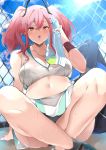  1girl azur_lane bangs bare_legs black_bra blue_hair blue_sky blush bra breasts bremerton_(azur_lane) bremerton_(scorching-hot_training)_(azur_lane) chain-link_fence cleavage cloud commentary crop_top crop_top_overhang day eyebrows_visible_through_hair eyelashes fence hair_between_eyes hair_ornament hairclip headpiece heart heart_necklace highres indian_style large_breasts lips looking_at_viewer medium_hair midriff miniskirt multicolored_hair navel navel_piercing open_mouth outdoors piercing pink_eyes pink_hair pleated_skirt see-through shirt sitting skirt sky sleeveless sleeveless_shirt solo sportswear sweat sweatband tennis_uniform thighs tote_bag twintails two-tone_hair underwear white_shirt white_skirt wiping_sweat x_hair_ornament yamakonbu 