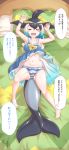  1girl absurdres aqua_hair armpits arms_up artist_logo ass_visible_through_thighs bare_arms bare_legs barefoot bed black_hair blonde_hair blowhole blue_hair bow bowtie breasts cameltoe closed_eyes collared_dress common_dolphin_(kemono_friends) dolphin_tail dorsal_fin dress eyebrows_visible_through_hair facing_viewer fins frilled_dress frills from_above hair_between_eyes head_fins highres hip_bones horizontal_stripes indoors kemono_friends knee_up lying medium_dress medium_hair mikan_toshi multicolored_hair navel on_back on_bed open_mouth panties pillow sailor_collar shiny shiny_hair sleeveless sleeveless_dress small_breasts smile solo spread_legs stomach striped striped_panties tail tail_fin toes translation_request underwear white_hair wristband 