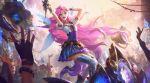  belt black_gloves blue_eyes boots dress fingerless_gloves fingernails gloves happy highres holding izaskun league_of_legends lips long_hair looking_at_another looking_at_viewer outdoors pink_hair puffy_short_sleeves puffy_sleeves seraphine_(league_of_legends) short_dress short_sleeves smile tagme very_long_hair white_gloves 