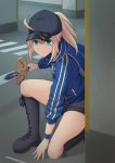  1girl ahoge artoria_pendragon_(all) bangs baseball_cap black_footwear black_headwear black_shorts blonde_hair blue_eyes blue_jacket blue_scarf boots breasts closed_mouth commentary_request cross-laced_footwear cross_(crossryou) excalibur fate/grand_order fate_(series) from_side full_body hair_between_eyes hat highres holding holding_sword holding_weapon jacket knee_boots lace-up_boots long_hair long_sleeves looking_at_viewer mysterious_heroine_x one_knee pillar ponytail scarf short_shorts shorts sidelocks solo sword track_jacket weapon 