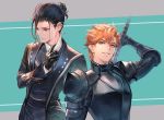  2boys adjusting_collar armor black_hair bomssp brown_eyes felix_hugo_fraldarius fire_emblem fire_emblem:_three_houses hair_bun highres male_focus multiple_boys orange_eyes orange_hair polearm spear sylvain_jose_gautier weapon 