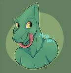  2019 ambiguous_gender amphibian anthro black_pupil blep bust_portrait green_background green_body hybrid long_tongue mossmeat nonbinary_(lore) pink_tongue portrait signature simple_background solo sovrim_terraquian tongue tongue_out yellow_eyes 