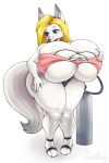  absurd_res air_(disambiguation) air_inflation anthro arctic_fox big_breasts blonde_hair blue_eyes blush breasts canid canine cuccokingu eva_(kleiny) female fox fur hair hi_res huge_breasts huge_thighs hyper hyper_breasts inflation mammal simple_background solo standing thick_thighs white_body white_fur 