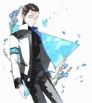  1boy android arm_at_side artist_name black_hair black_pants black_shirt blue_butterfly blue_eyes blue_flower connor_(detroit) detroit:_become_human flower jacket looking_at_viewer male_focus pale_skin pants petals shirt simple_background solo yukowa_(kari) 