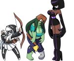  absurdres axe bow_(weapon) breasts cleavage crop_top dark_skin enderman fingerless_gloves gloves green_hair green_skin hair_over_eyes helmet high_heels highres hood hoodie jewelry mask midriff minecraft navel necklace purple_hair purple_lips sharp_teeth skeleton_(minecraft) skirt superspoe tall_female tearing_clothes teeth torn_clothes weapon white_hair zombie_(minecraft) 