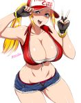  1girl bare_shoulders baseball_cap breasts commentary_request fatal_fury genderswap genderswap_(mtf) hat highres large_breasts midriff navel okyou ponytail short_shorts shorts simple_background solo terry_bogard the_king_of_fighters thighs v white_background 