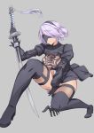  1girl absurdres black_blindfold black_gloves black_hairband black_legwear blindfold breasts cleavage closed_mouth feather-trimmed_sleeves feather_trim gloves grey_background hairband high_heels highres holding holding_sword holding_weapon kanotype katana light_purple_hair nier_(series) nier_automata puffy_sleeves purple_hair see-through short_hair simple_background solo sword thighhighs turtleneck weapon yorha_no._2_type_b 