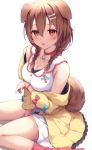  1girl animal_ears bare_shoulders blush braid breasts brown_hair cleavage collar collarbone dog_ears dog_tail foot_out_of_frame hair_ornament hairpin highres hololive inugami_korone jacket long_hair looking_at_viewer medium_breasts parted_lips removing_jacket shirt simple_background sitting skirt sleeveless sleeveless_shirt smile solo tail twin_braids virtual_youtuber wariza white_background white_shirt white_skirt yellow_jacket yumenone_(conectarts) 