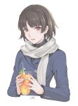  1girl black_hair black_undershirt blue_jacket braid brown_eyes commentary_request crown_braid cup da-cart drinking_glass drinking_straw holding holding_cup ice ice_cube jacket niijima_makoto open_mouth persona persona_5 scarf short_hair white_background white_scarf 