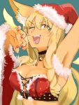  1girl animal_ear_fluff animal_ears arm_up armpits artist_request bangs bare_shoulders bell bell_choker blonde_hair breasts choker claw_pose cleavage collarbone dark_skin dark_skinned_female detached_sleeves energy_wings fate/grand_order fate/grand_order_arcade fate_(series) fox_ears fox_girl fox_tail fur_trim hat large_breasts long_hair looking_at_viewer one_eye_closed open_mouth santa_costume santa_hat smile suzuka_gozen_(fate) suzuka_gozen_(santa)_(fate) tail tan wide_sleeves wings 