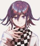  1boy bangs beige_background checkered checkered_scarf closed_mouth commentary_request danganronpa hair_between_eyes hand_up jacket lemontea long_sleeves looking_at_viewer male_focus new_danganronpa_v3 ouma_kokichi portrait purple_eyes purple_hair scarf short_hair simple_background smile solo white_jacket 