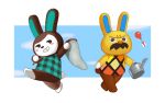  animal_crossing animal_ears argyle balloon black_eyes blue_background blue_sky blush border bottomless box bunny_ears bunny_tail butterfly_net character_request cloud commentary_request day facial_hair full_body furrowed_eyebrows gift gift_box gingham grin hand_net happy holding kondate_(inugrm) looking_at_viewer mustache open_mouth outdoors outside_border red_ribbon ribbon sky sleeveless smile tail walking watering_can white_border 