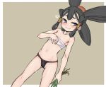  1girl adjusting_clothes bare_arms bare_legs bare_shoulders black_eyes black_fundoshi black_hair blush border commentary_request eyebrows_visible_through_hair feet_out_of_frame flat_chest fundoshi hair_ornament hair_rings hair_tubes heart heart-shaped_pupils highres japanese_clothes long_hair naughty_face navel parted_lips sakuna-hime sarashi senbei_(avocadochaya) short_eyebrows simple_background smile solo sweat symbol-shaped_pupils tensui_no_sakuna-hime weeds white_border 