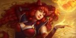  1girl ahri animal_ears arm_behind_head bandaged_arm bandages bed_sheet braid breasts cleavage commentary detached_sleeves dominaart english_commentary face fire fireball fox_ears large_breasts league_of_legends lips long_hair looking_to_the_side lying nose nostrils on_back open_hand red_hair slit_pupils solo vastaya yellow_eyes 
