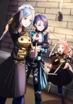  3girls alternate_costume felicia_(fire_emblem) fire_emblem fire_emblem:_three_houses fire_emblem_fates fire_emblem_heroes flora_(fire_emblem) garreg_mach_monastery_uniform highres knife maid_headdress multiple_girls pantyhose shamir_nevrand siblings sisters sukkirito_(rangusan) throwing_knife tripping weapon 