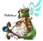  1girl armlet bangs blue_eyes bracelet character_name circlet closed_mouth frown goddess green_hair holding holding_staff jewelry kid_icarus long_hair looking_away necklace nishikuromori palutena parted_bangs simple_background solo staff strapless very_long_hair white_background 