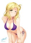  1girl ;) bangs bare_shoulders bikini blonde_hair braid breast_squeeze breasts cleavage closed_mouth collarbone cowboy_shot crown_braid green_eyes hair_rings halterneck hino_minato_(spec.c) leaning_forward looking_at_viewer love_live! love_live!_sunshine!! ohara_mari one_eye_closed parted_bangs parted_hair purple_bikini purple_swimsuit side-tie_bikini signature simple_background skindentation smile solo string_bikini swimsuit tareme white_background yellow_eyes 