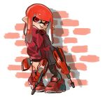  1girl closed_mouth domino_mask dual_squelcher_(splatoon) full_body holding inkling jewelry long_hair long_sleeves mask nishikuromori pigeon-toed pointy_ears red_eyes red_footwear red_hair shoes single_earring single_vertical_stripe smile sneakers solo splatoon_(series) splatoon_2 standing tentacle_hair tongue tongue_out 
