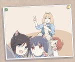  4girls animal_ears apron arm_grab armbar black_hair blonde_hair blue_eyes blue_sailor_collar bow brown_hair cat_ears double_v grabbing hair_bow hibike!_euphonium highres kasaki_nozomi lyy multiple_girls nakagawa_natsuki pants photo_(object) red_eyes red_hair sailor_collar school_uniform self_shot serafuku submission_hold sweater thumbtack v wrestling yoroizuka_mizore yoshikawa_yuuko 