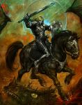  arm_up armor blonde_hair boots bridle dated detroit_metal_city dragon grey_skin halil_ural holding holding_shield holding_sword holding_weapon horse horseback_riding johannes_krauser_ii knight molten_rock moon outdoors plate_armor red_eyes riding saddle shield signature stirrups sword weapon 