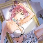  1girl arm_behind_head arm_up artist_name bangs bare_shoulders breasts choker cleavage commentary dutch_angle green_eyes gun holding holding_gun holding_weapon jojo_no_kimyou_na_bouken looking_at_viewer medium_breasts midriff nail_polish parted_lips picture_frame pink_hair pink_lips pink_nails short_hair signature skirt solo strapless trish_una tubetop vento_aureo weapon white_skirt zzyzzyy 