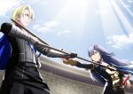  1boy 1girl alternate_costume blue_eyes cloud dimitri_alexandre_blaiddyd fire_emblem fire_emblem:_three_houses fire_emblem_awakening garreg_mach_monastery_uniform gauntlets highres lucina_(fire_emblem) polearm sky spear sukkirito_(rangusan) sword tiara weapon wooden_sword 